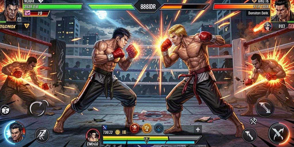 Screenshot gameplay menunjukkan pertarungan seru di arena.