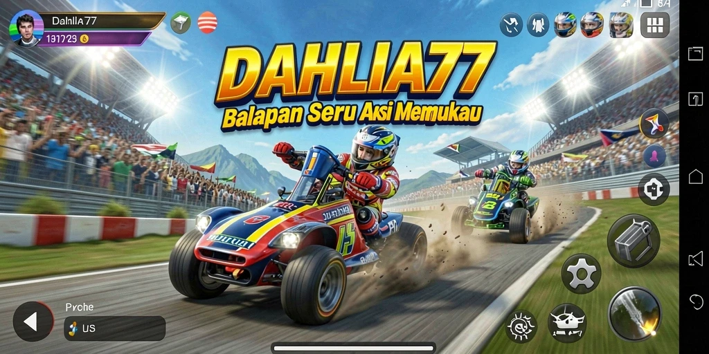 Screenshot tampilan gameplay balapan DAHLIA77 yang mendebarkan.