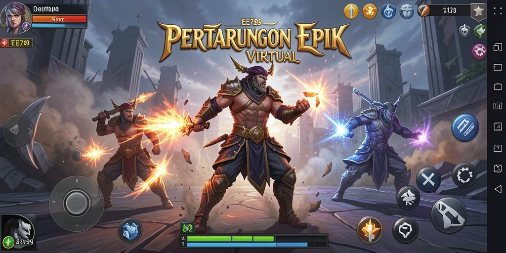 Screenshot gameplay EE789 menampilkan karakter bertarung di arena dengan grafis yang menawan.
