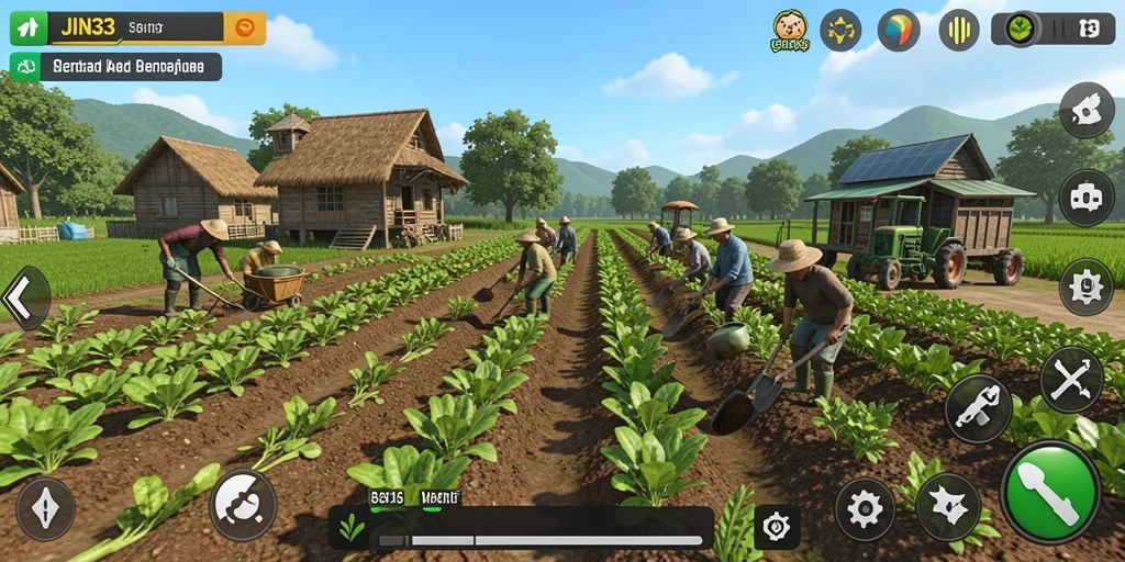 Screenshot menunjukkan gameplay JIN33 yang menampilkan keseruan bertani.