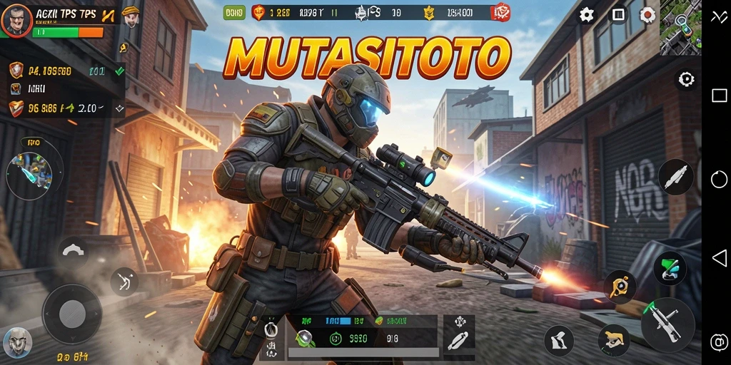 Screenshot gameplay MUTASITOTO yang menampilkan aksi tembak-menembak yang intens.
