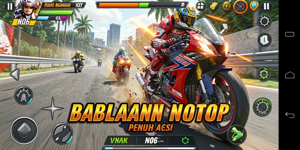 Tampilan menarik gameplay balapan motor N06 yang mendebarkan.