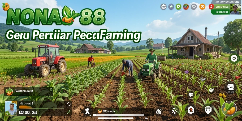 Tampilan gameplay NONA88 yang menampilkan ladang subur dan aktivitas bertani.