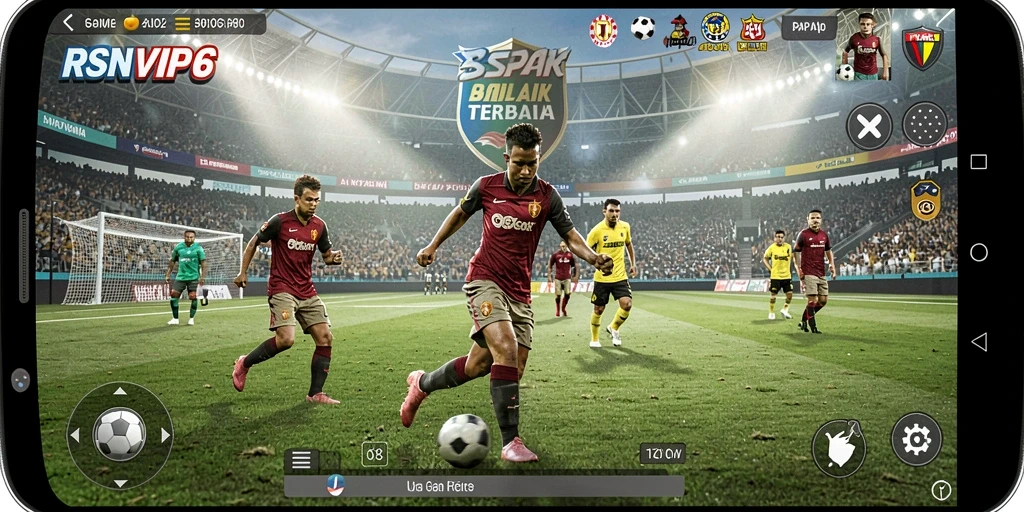 Screenshot gameplay RSNVIP6 menampilkan aksi sepak bola yang mendebarkan.